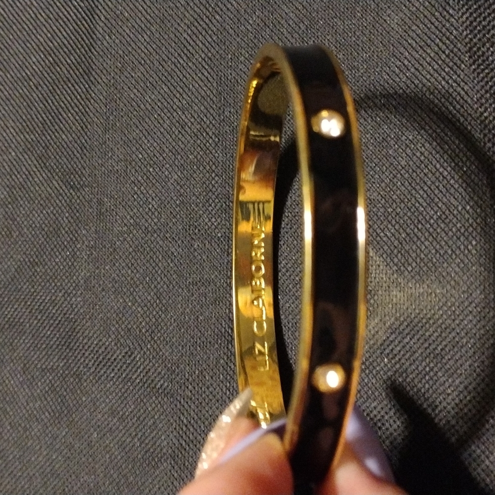 Liz Claiborne Black Gold Tone Diamond Look Inscribed Bangle Bracelet